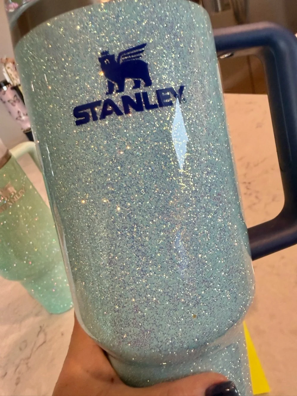 Stanley Glitter Aqua Travel Tumbler with Navy Handle - Picture 2 of 5